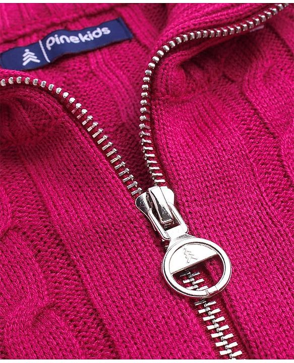 Pine Kids Knitted Full Raglan Sleeves Collar Neck Front Open Sweater With Cable Knit Design - Dark Pink