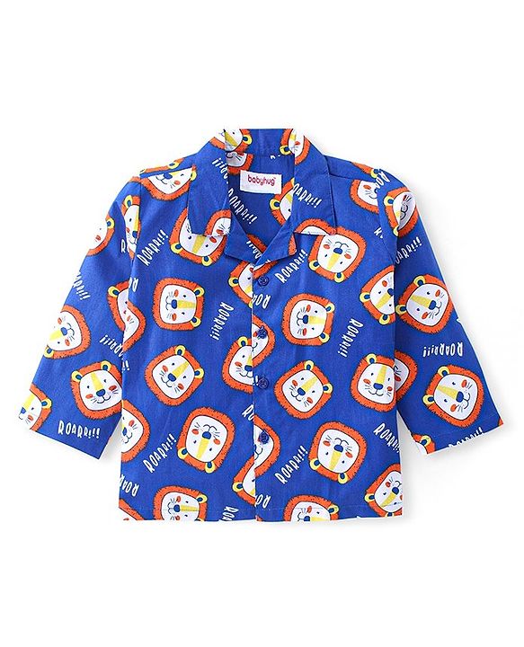 Babyhug Cotton Woven Full Sleeves Front Open Night Suit with Lion Print - Blue