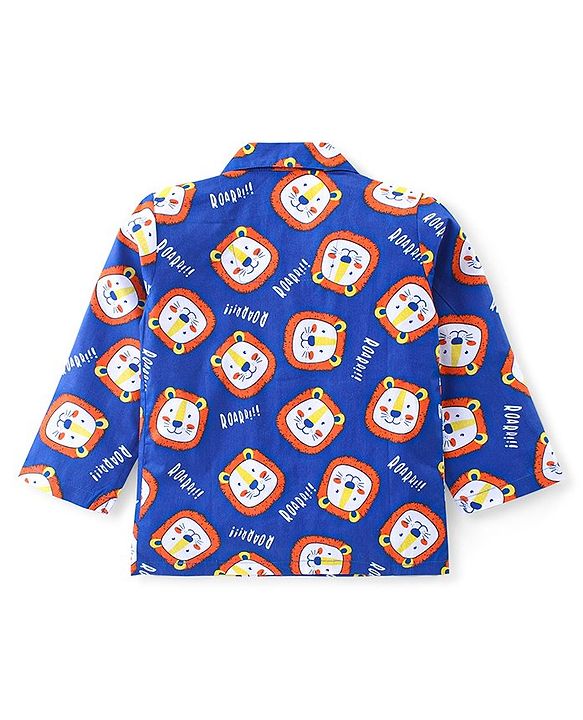 Babyhug Cotton Woven Full Sleeves Front Open Night Suit with Lion Print - Blue