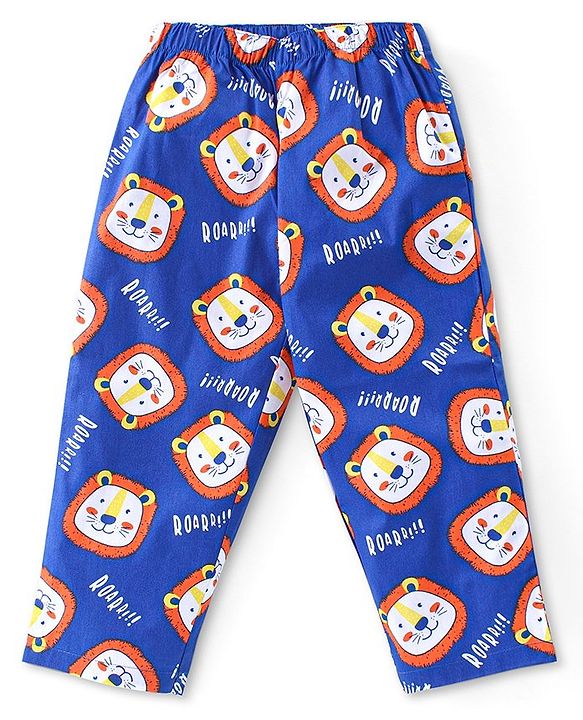 Babyhug Cotton Woven Full Sleeves Front Open Night Suit with Lion Print - Blue