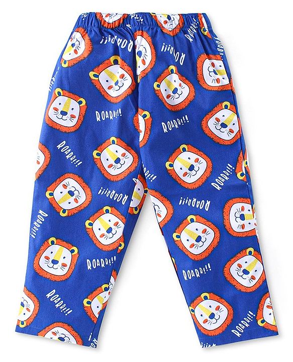 Babyhug Cotton Woven Full Sleeves Front Open Night Suit with Lion Print - Blue