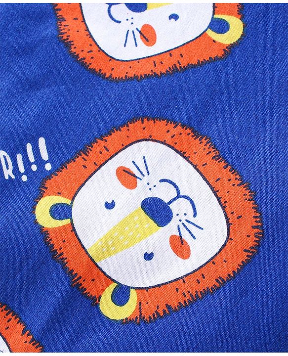Babyhug Cotton Woven Full Sleeves Front Open Night Suit with Lion Print - Blue