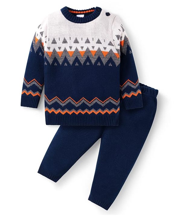 Babyhug Knit Full Sleeves Designed Sweater Set - Navy Blue
