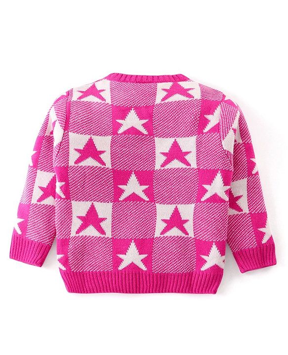Babyhug Knitted Full Sleeves Pullover Sweater with Checkered & Star Design - Pink