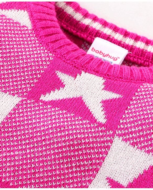 Babyhug Knitted Full Sleeves Pullover Sweater with Checkered & Star Design - Pink