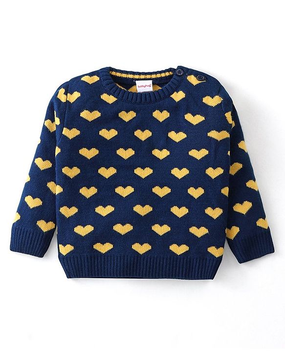 Babyhug Knit Full Sleeves Pullover Sweater with Hearts Design - Navy Blue