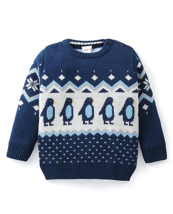 Babyhug Knit Full Sleeves Pullover Sweater with Penguin Design - Navy Blue