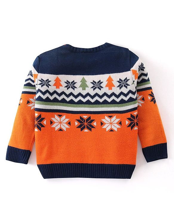 Babyhug Knitted Full Sleeves Intarsia Designed Pullover Sweater - Orange & Navy Blue