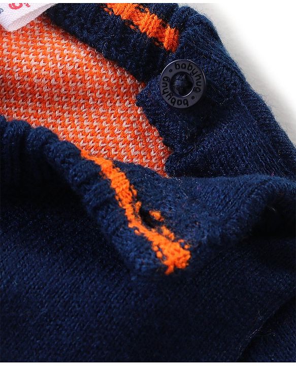 Babyhug Knitted Full Sleeves Intarsia Designed Pullover Sweater - Orange & Navy Blue