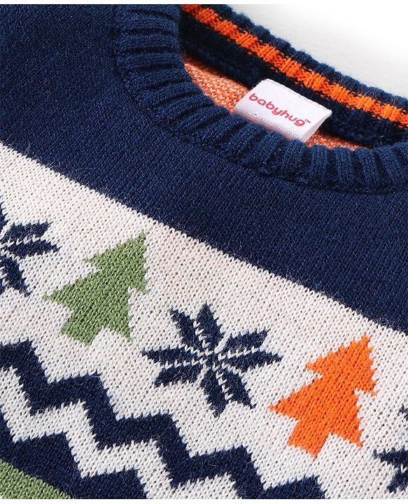 Babyhug Knitted Full Sleeves Intarsia Designed Pullover Sweater - Orange & Navy Blue