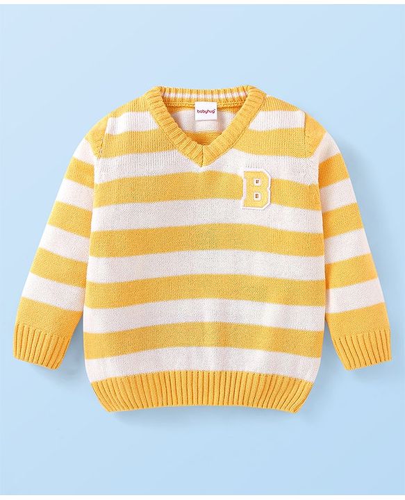 Babyhug Knitted Full Sleeve Striped Pullover Sweater with Alphabet Patch - Yellow
