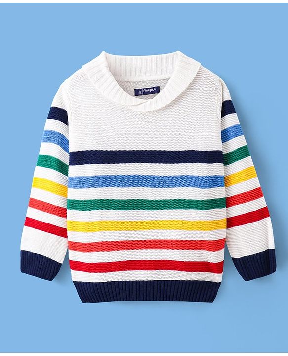 Pine Kids Knit Full Sleeves Pullover with Stripe Design - White Red & Black