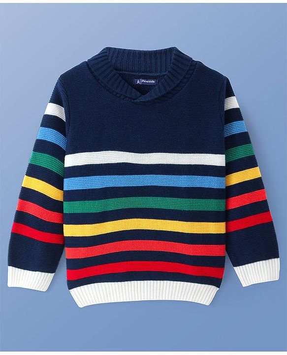 Pine Kids Knitted Full Sleeves Collar Neck Pullover Sweater With Stripes Design - Navy Blue