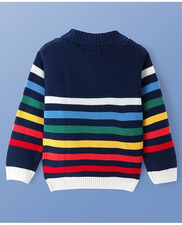 Pine Kids Knitted Full Sleeves Collar Neck Pullover Sweater With Stripes Design - Navy Blue