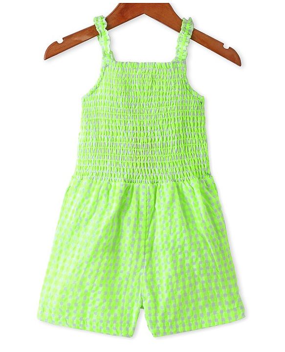Babyhug Cotton Woven Singlet Sleeves Jumpsuit With Smocking Detailing & Bow Applique - Green