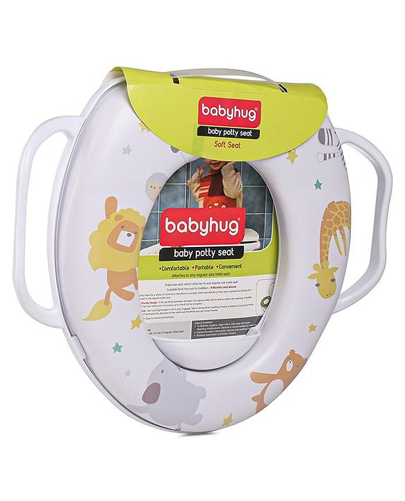 Babyhug Soft Cushioned Baby Potty Seat with Handle & Animal Print -  White