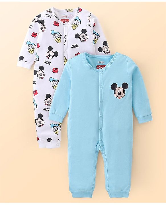 Babyhug Disney Interlock Front Open Full Sleeves Sleep Suits With Mickey Mouse Graphics Pack Of 2- White & Blue