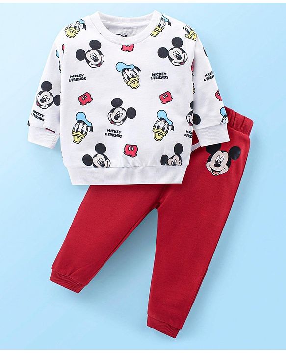 Babyhug Disney Cotton Knit Full Sleeves T-Shirt & Jogger Set with Mickey Mouse Graphics - Red & White