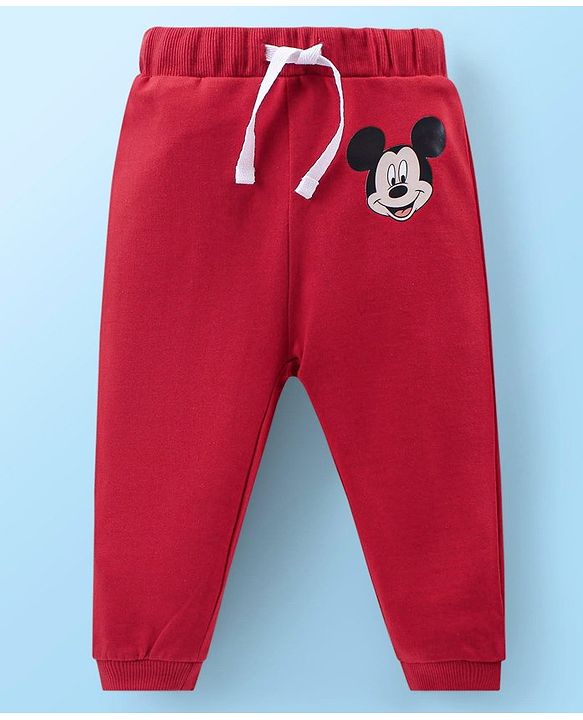 Babyhug Disney Cotton Knit Full Sleeves T-Shirt & Jogger Set with Mickey Mouse Graphics - Red & White