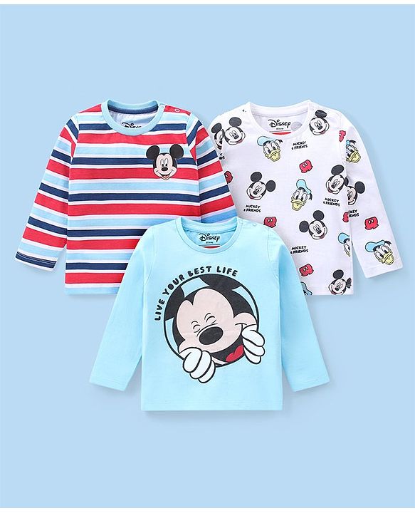 Babyhug Disney Cotton Knit Full Sleeves T-Shirt with Mickey Mouse Print Pack of 3 - Multicolor