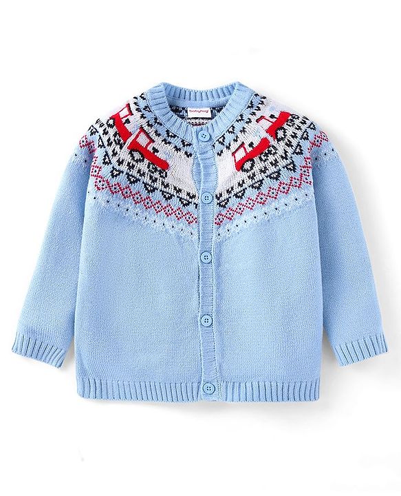 Babyhug Knitted Full Raglan Sleeves Front Open Sweater with Car Design - Light Blue