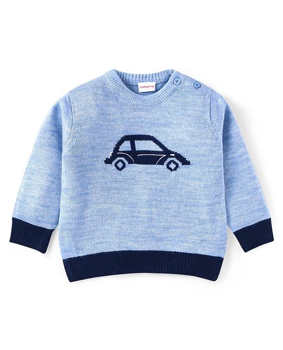 Babyhug Knitted Full Sleeves Pullover Sweater With Car Design - Light Blue
