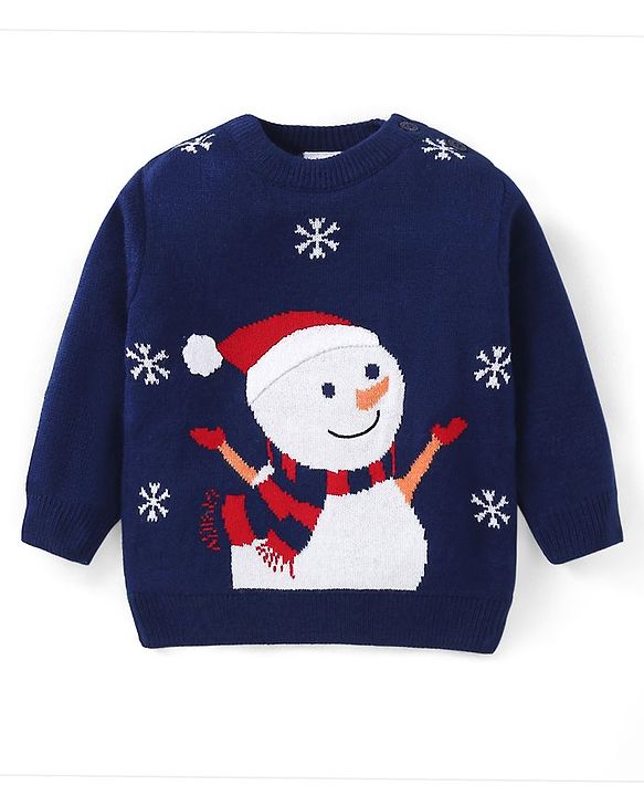 Babyhug Knitted Full Sleeves Pullover Sweater with Snowman Design - Navy Blue
