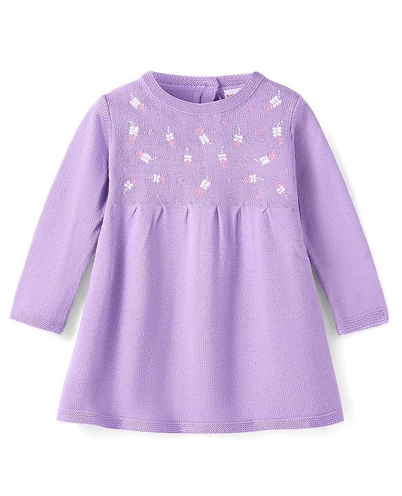 Babyhug Knitted Full Sleeves Pullover Woollen Dress With Floral Embroidery - Lilac