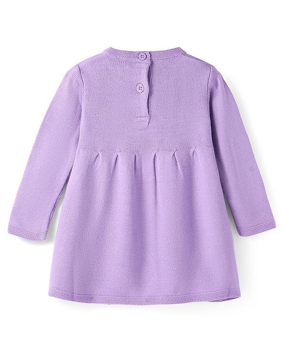 Babyhug Knitted Full Sleeves Pullover Woollen Dress With Floral Embroidery - Lilac