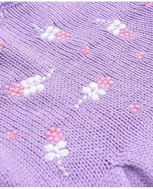 Babyhug Knitted Full Sleeves Pullover Woollen Dress With Floral Embroidery - Lilac