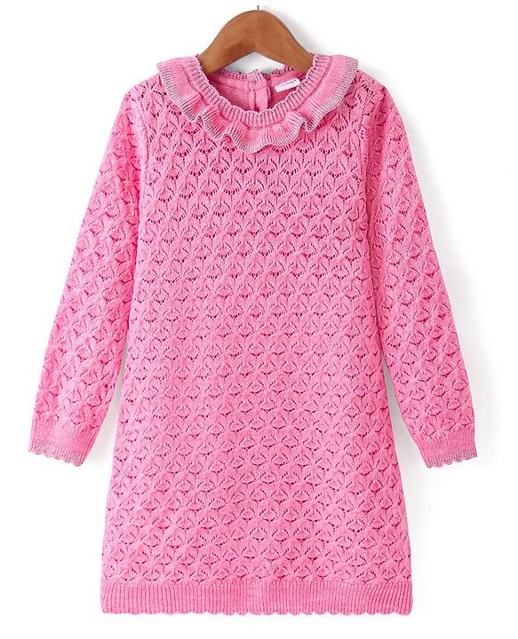 Babyhug Knitted Full Sleeves   Solid Color Woollen Dress with Frill Detailing - Pink