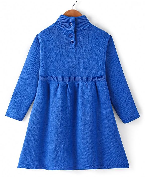 Babyhug Knitted Full Sleeves Floral Embroidery Solid Color Woollen Dress -  Blue