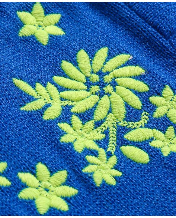 Babyhug Knitted Full Sleeves Floral Embroidery Solid Color Woollen Dress -  Blue