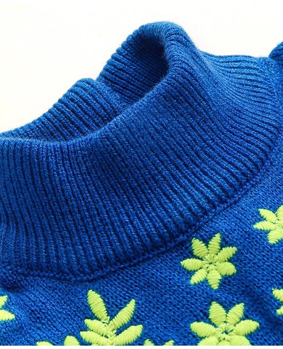 Babyhug Knitted Full Sleeves Floral Embroidery Solid Color Woollen Dress -  Blue