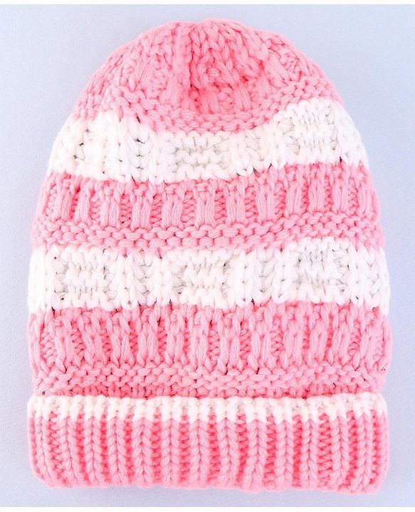 Pine Kids Winter Cap with Crochia  Knit Design - Pink & White