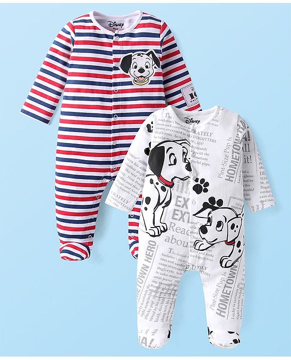 Babyhug Disney Interlock Knit Full Sleeves Footed Sleep Suits Striped & 101 Dalmatians Print Pack of 2 - White & Red