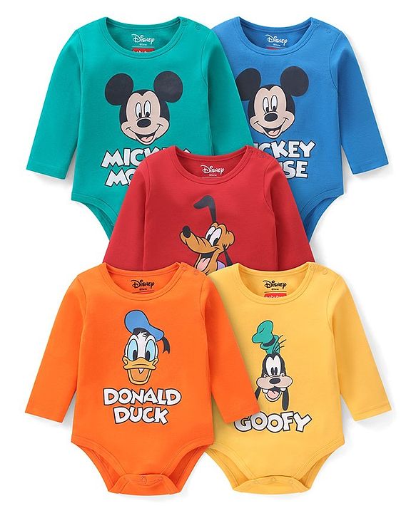 Babyhug Disney Interlock Knit Full Sleeves Onesies with Mickey Mouse & Friends Pack of 5 - Blue Yellow & Red