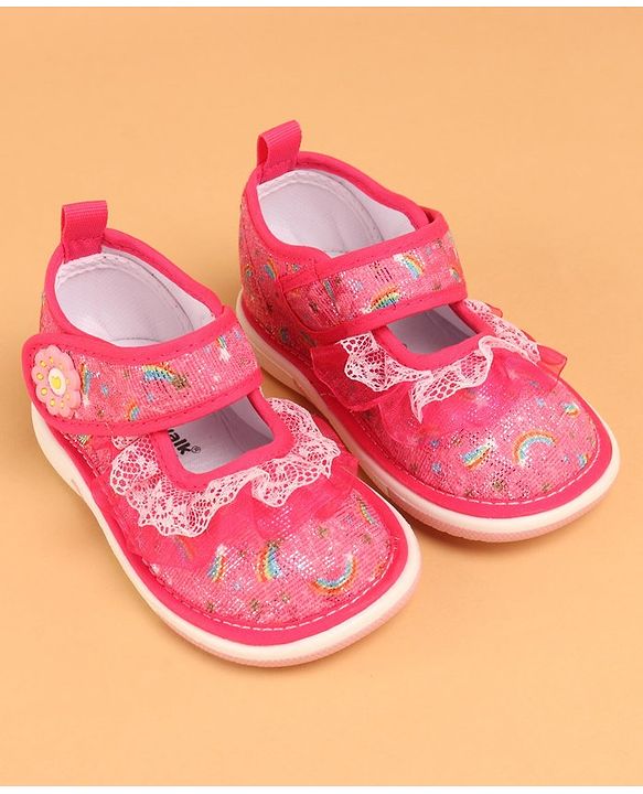 Cute Walk by Babyhug  Musical Casual Shoes Rainbow & Stars Print With Lace Detailing - Fuchsia