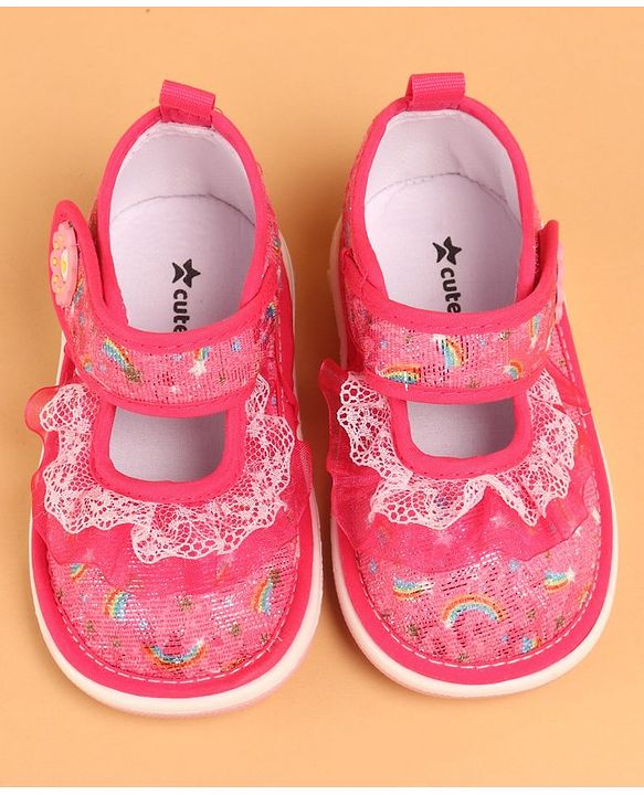 Cute Walk by Babyhug  Musical Casual Shoes Rainbow & Stars Print With Lace Detailing - Fuchsia