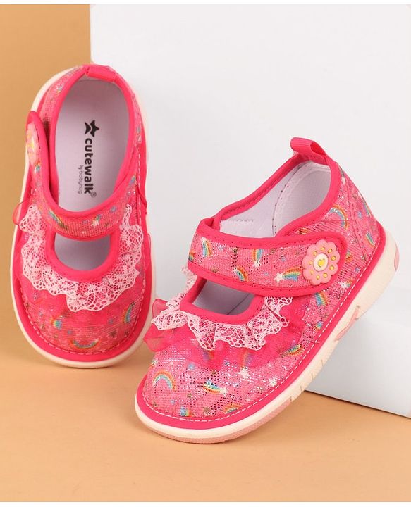 Cute Walk by Babyhug  Musical Casual Shoes Rainbow & Stars Print With Lace Detailing - Fuchsia