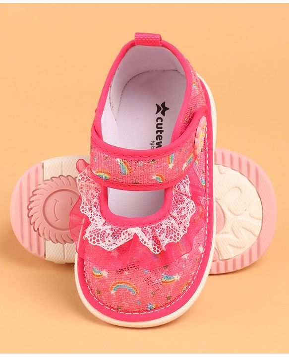 Cute Walk by Babyhug  Musical Casual Shoes Rainbow & Stars Print With Lace Detailing - Fuchsia