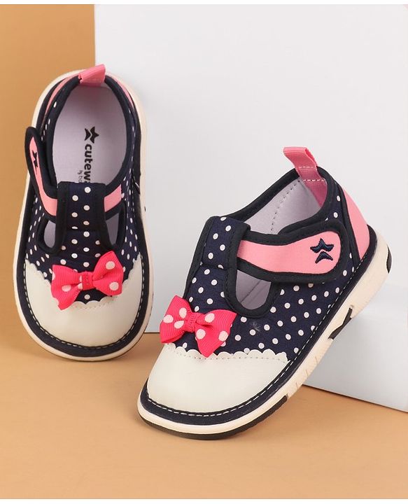 Cute Walk by Babyhug Musical  Shoes with Velcro Closure Polka Dot Print - Navy Blue