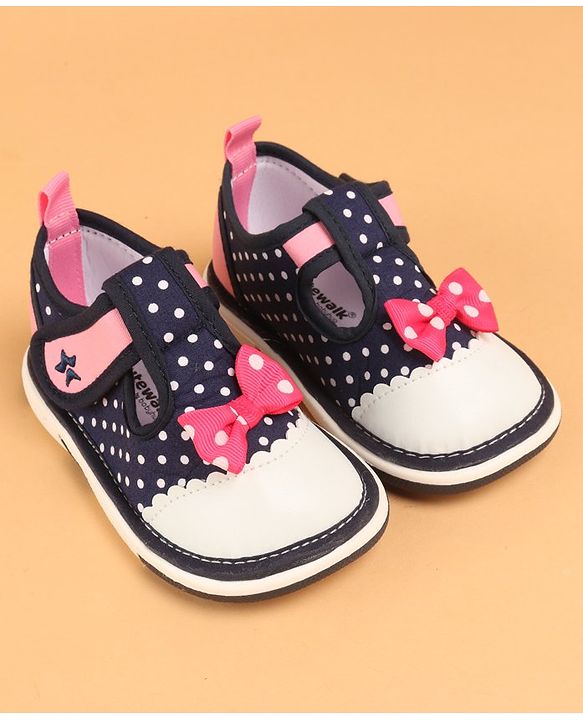 Cute Walk by Babyhug Musical  Shoes with Velcro Closure Polka Dot Print - Navy Blue