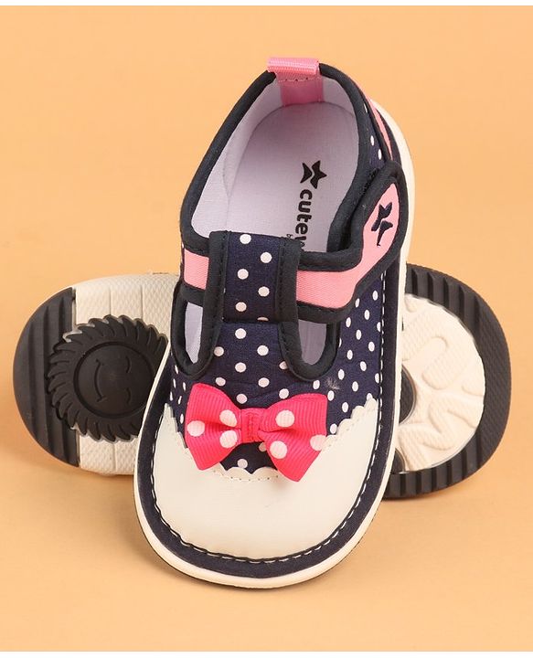 Cute Walk by Babyhug Musical  Shoes with Velcro Closure Polka Dot Print - Navy Blue