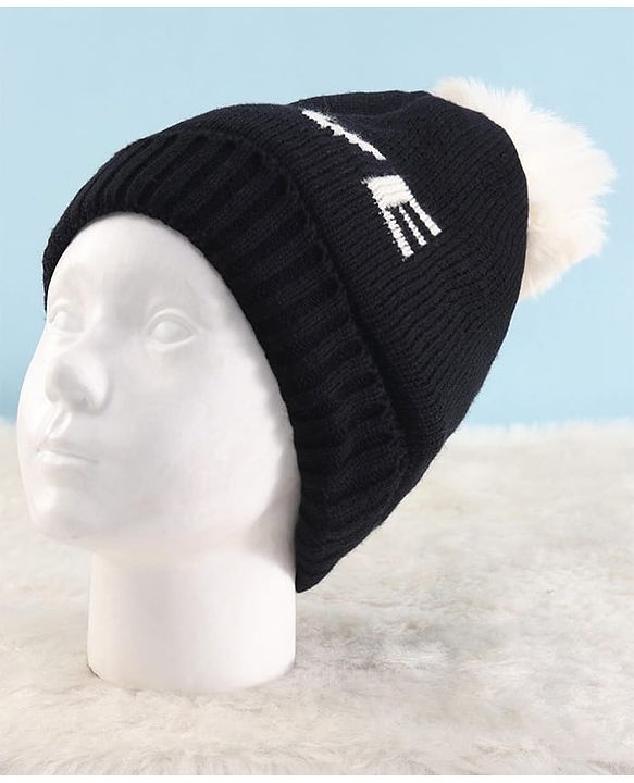 Pine Kids Knit Winter Cap Text Embroidery Black - Diameter 15 cm