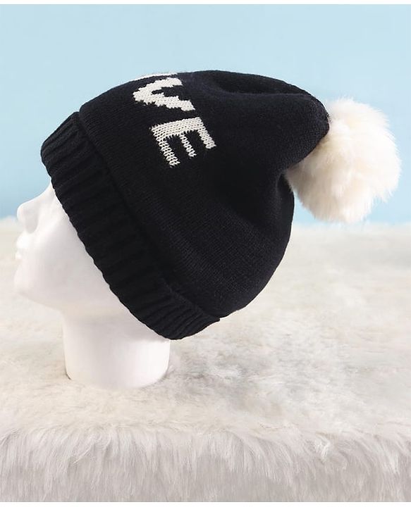Pine Kids Knit Winter Cap Text Embroidery Black - Diameter 15 cm