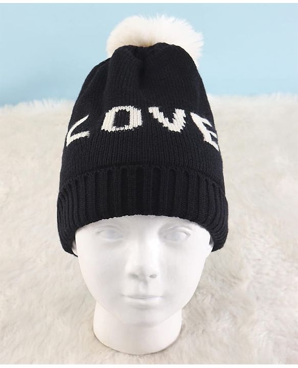 Pine Kids Knit Winter Cap Text Embroidery Black - Diameter 15 cm