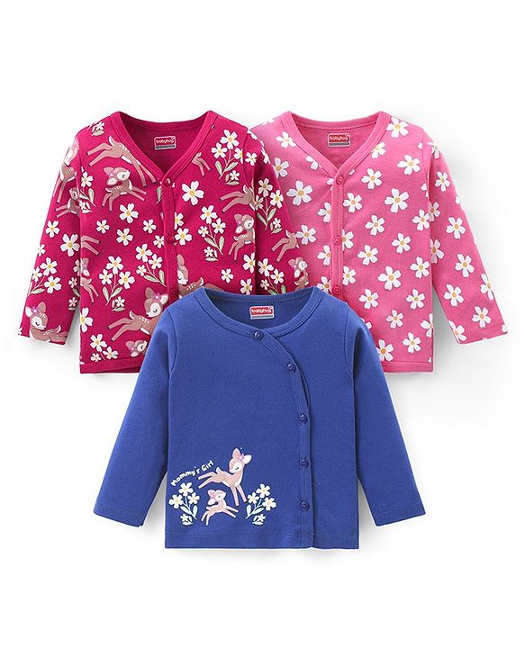 Babyhug 100% Cotton Knit Full Sleeves Front Open Vests With Floral Print Pack of 3 - Multicolor