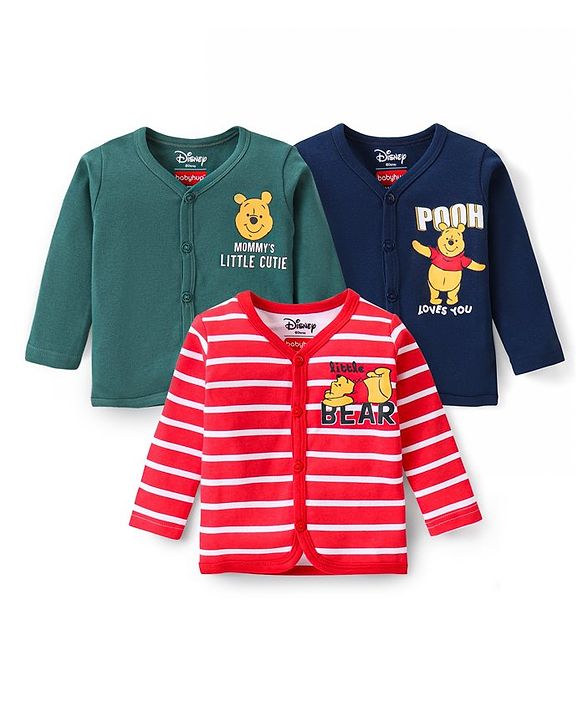 Babyhug Disney Cotton Knit Full Sleeves Front Open Jhablas With Stripes & Winnie The Pooh Graphics Pack of 3 - Red Green & Blue