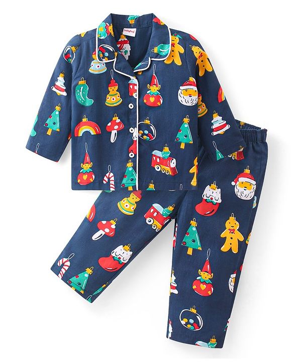 Babyhug Cotton Woven Full Sleeves Front Open Night Suit With Christmas Theme Print - Navy